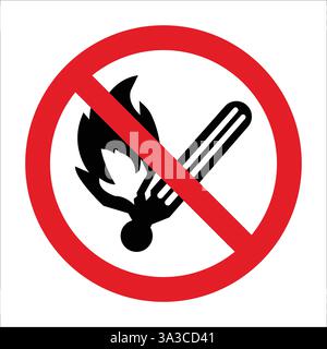 Cartello di divieto con una partita in fiamme barrato con un cerchio rosso e una barra, che indica che non sono consentite fiamme libere Illustrazione Vettoriale