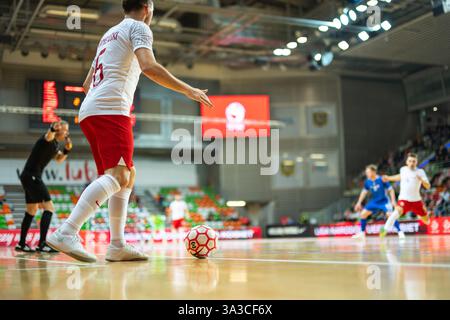 LUBIN, POLONIA - 12 MARZO 2025: Qualificazioni al Campionato europeo di calcio Polonia - Moldavia 3:0. Dettaglio della palla futsal e del giocatore fuori dal campo. Foto Stock