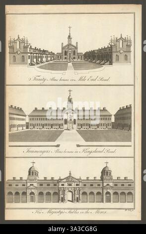 Almshouses: Trinity Green, Mile End Road & Ironmongers, Kingsland Road 1760 Foto Stock