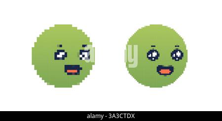Volti verdi smiley pixelati con espressioni diverse in un semplice stile grafico Illustrazione Vettoriale