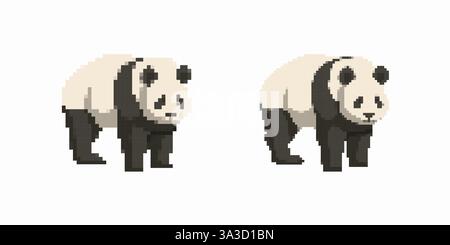 Pandas pixel art raffiguranti graziosi animali stilizzati in un design a blocchi semplificato Illustrazione Vettoriale