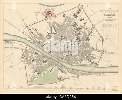 Firenze Firenze. Città antica città mappa piano. Edifici chiave profili. SDUK 1844 Foto Stock