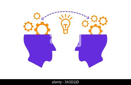 Concetto di collaborazione creativa con due teste che condividono idee e ingranaggi tra di loro Illustrazione Vettoriale