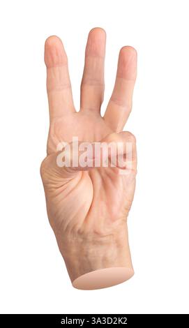 Donna anziana che mostra tre con gesti della mano. Dita usurate e rughe sollevate in posizione aperta, segnalando il numero tre. Cifra di conteggio pensionato senior Foto Stock