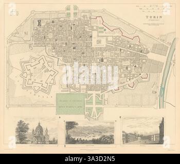 Torino Torino.antica città di piano mappa.Panorama.Superga.Royal Palace.SDUK 1844 Foto Stock