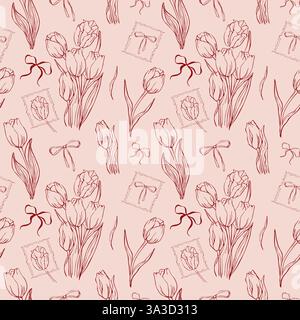 Patern senza cuciture di tulipani e nastro Illustrazione Vettoriale