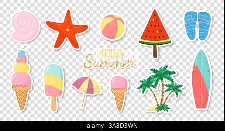 Una collezione di adesivi estivi con vari elementi stagionali su sfondo trasparente. Illustrazione Vettoriale