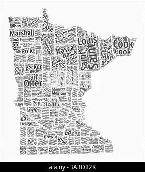 Minnesota Text Style Counties. La regione di stato nomina nuvole di parole in lingua inglese. Illustrazione vettoriale moderna. Illustrazione Vettoriale