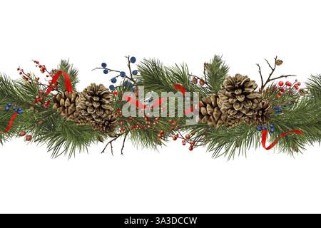 Rami e coni di pino, nastro rosso festoso sulla ghirlanda di Natale. Illustrazione digitale acquerello. Bordo orizzontale senza cuciture di conifere, verricello Foto Stock