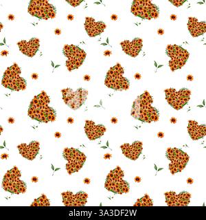 Motivo floreale senza cuciture. Fiori gialli e rossi incorniciati da ramoscelli e foglie verdi. Illustrazione acquerello. Illustrazione botanica. I fiori sono alti Foto Stock