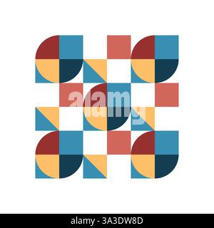 Design geometrico Bauhaus astratto con motivo colorato e simmetria moderna. L'opera d'arte presenta cerchi e quadrati in modo equilibrato e minimalista Illustrazione Vettoriale