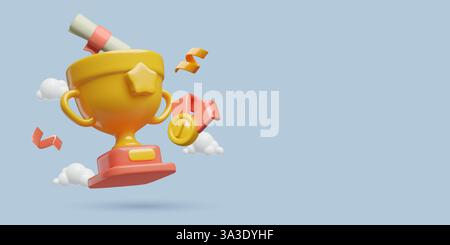 Il vincitore premia lo sfondo con un trofeo in stile 3d una medaglia d'oro e un diploma di pergamena che volano nel cielo Illustrazione Vettoriale