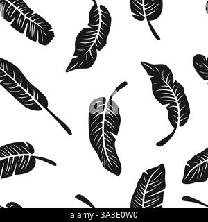 Motivo a foglia di banana tropicale senza cuciture, illustrazione vettoriale. Sfondo Foliage esotico bianco e nero. Botanical monocromatico disegnato a mano, moderno Illustrazione Vettoriale