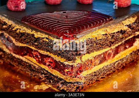 Torta al cioccolato e lampone a strati dessert decadente Fotografia alimentare professionale Patisserie gourmet Premium al forno presentazione elegante Foto Stock