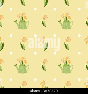 Motivo senza cuciture con annaffiatoio e fiori Foto Stock