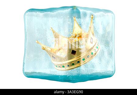 Golden crown congelati in un cubo di ghiaccio, 3D rendering isolati su sfondo bianco Foto Stock