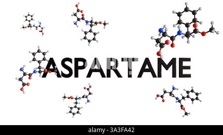 Rendering 3d della struttura chimica della molecola di aspartame e della parola "ASPARTAME" Foto Stock