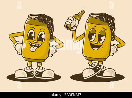 La birra retrò può essere una mascotte in due pose, prima e dopo aver bevuto Illustrazione Vettoriale