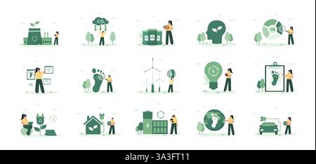 CO2 neutro. Mega set. I caratteri calcolano le emissioni dalle fabbriche e utilizzano elettricità verde. Zero netto. Concetto di consumo di elettricità. Set di Illustrazione Vettoriale