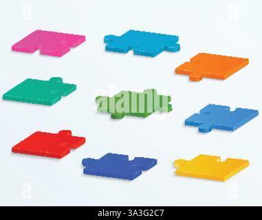 Parti di puzzle colorati su sfondo bianco. Set di 9 pezzi vettoriali Illustrazione Vettoriale