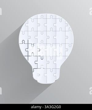 Lampadina con pezzi di rompicapo, puzzle dal design creativo con una lunga ombra Illustrazione Vettoriale