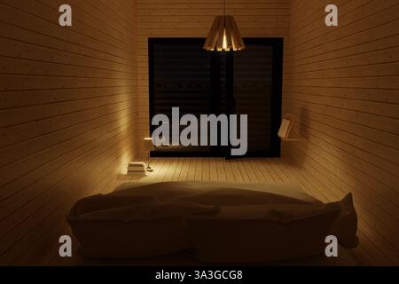 Rendering 3D della camera da letto in legno con tavole in legno e lampade illuminate di notte Foto Stock
