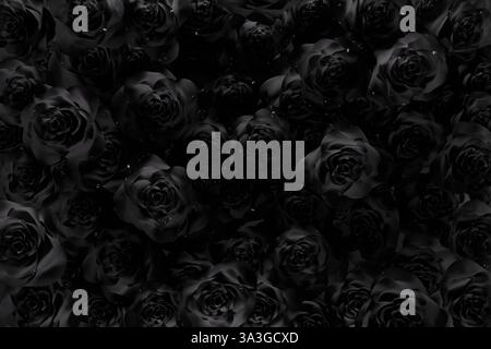 rendering 3d di molte rose nere coperte da gocce d'acqua. Disposizione piatta in stile floreale minimalista Foto Stock