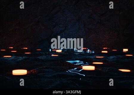 Sfondo con pulsante al neon con pavimento roccioso e parete rocciosa. Rendering 3D. Foto Stock