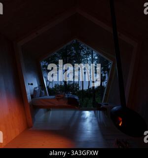 Rendering in 3D di una capanna in legno con un letto loft di notte. Illuminata dalla luce della luna e dal caminetto Foto Stock