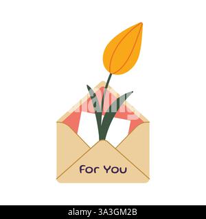 Busta con le gocce di neve fiori. Buongiorno, il concetto di primavera. Lettera estiva. Illustrazione vettoriale, design piatto. Bouquet di fiori in busta. Disegnato a mano alla moda Illustrazione Vettoriale