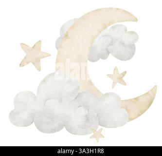 Illustrazione ad acquerello di una luna di Mezzaluna circondata da morbide nuvole e stelle luccicanti per disegni celesti vivaistici. Disegno di elementi del cielo in colori pastello beige per cartelloni per la buonanotte o tessere per bambini. Foto Stock