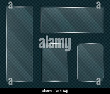 Cornici in vetro piatto di forma geometrica vuote, set di texture effetto realistico trasparente vetro, riflesso brillante su superficie specchiata trasparente, vettore Illustrazione Vettoriale