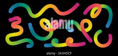 Forme al neon vorticose astratte impostate su spirali fluide nere lineari dell'arcobaleno, illustrazione vettoriale Illustrazione Vettoriale