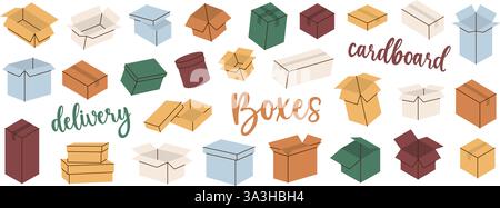 Set scatole di consegna. Scatole di imballaggio per la consegna in cartone. Regala confezioni regalo. Illustrazione vettoriale. Illustrazione Vettoriale