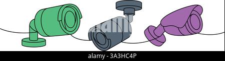 Telecamere CCTV a colori con disegno continuo su una linea. Sistema di sicurezza esterno. Illustrazione vettoriale. Illustrazione Vettoriale