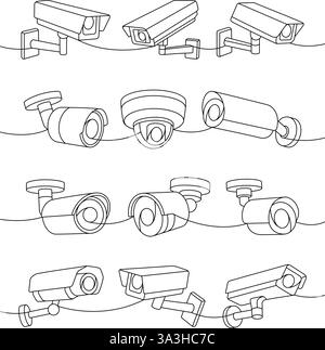 Telecamere di sicurezza, disegno continuo su una linea. Sistema di protezione domestica di sicurezza. Illustrazione vettoriale. Illustrazione Vettoriale