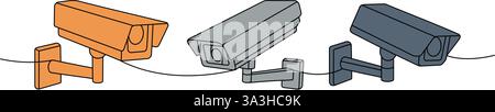 Videocamere CCTV con disegno continuo a una riga colorata. Sistema di sicurezza domestica esterno. Illustrazione vettoriale. Illustrazione Vettoriale