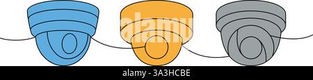 Telecamere di sicurezza con disegno continuo a una linea colorata. Videocamere per esterni. Illustrazione vettoriale. Illustrazione Vettoriale