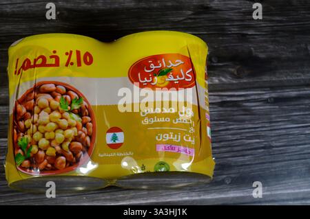 Cairo, Egitto, 5 febbraio 2025: fave del giardino californiano medammi con ceci su ricetta libanese, fibra ad alto contenuto proteico, fave che è il mai Foto Stock