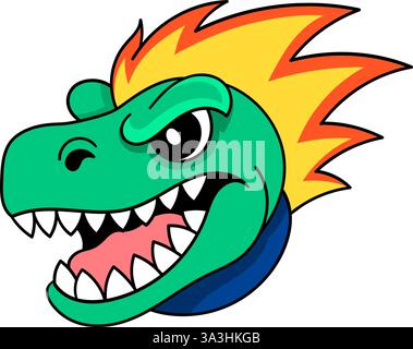 Questa dinamica illustrazione digitale presenta una feroce testa di dinosauro verde con denti affilati, un'espressione intensa e capelli spigolosi nelle tonalità dell'ora Illustrazione Vettoriale