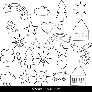 Questa divertente illustrazione digitale presenta una collezione di scarabocchi disegnati a mano che rappresentano elementi per le vacanze dei bambini Illustrazione Vettoriale