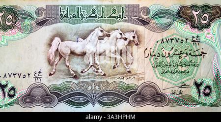 Un grande frammento del lato dritto di venticinque dinari iracheni dalla banca centrale dell'Iraq 1982, presenta cavalli al galoppo, vecchi 25 dinari iracheni d'epoca, Foto Stock