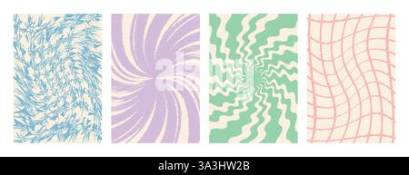 Set di poster estetici Twisted Y2K. Carte alla moda distorte nei colori blu, viola, verde e rosa. Sfondi vettoriali astratti Trippy in stile retrò Illustrazione Vettoriale