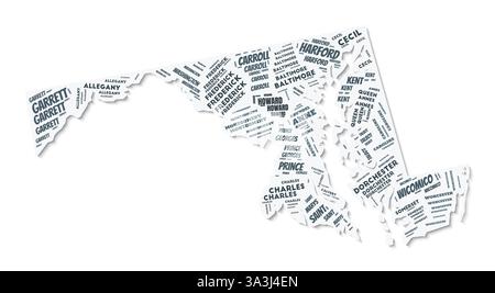 Fumetto di testo a forma di Maryland. Confine di stato con ombra su sfondo bianco. Maryland con divisione contee in stile vintage gazette. Illustrazione Vettoriale