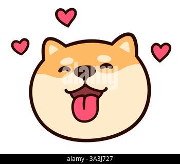 Grazioso ritratto di Shiba Inu con la lingua fuori e il cuore. Baci per cuccioli, amore per animali domestici. Divertente semplice illustrazione vettoriale dei cartoni animati. Illustrazione Vettoriale