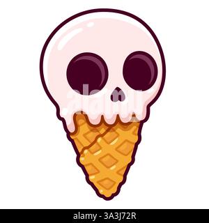 Disegno del gelato a forma di teschio di cartoni animati. Cucchiaio alla vaniglia nel cono per waffle. Illustrazione vettoriale clip art isolata. Illustrazione Vettoriale