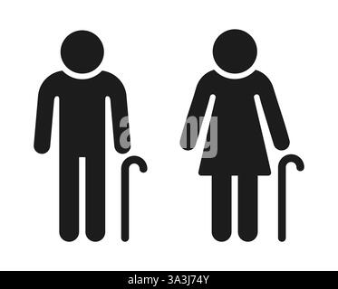 Icona uomo e donna anziana, semplice silhouette di persona con bastone da passeggio. Illustrazione grafica clip vettoriale. Illustrazione Vettoriale
