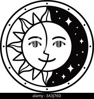 Semisole e mezza luna stilizzati disegnando in cerchio. Giorno e notte, equilibrio e unità. Carino e semplice simbolo di boho astrologia. Illustrazione grafica clip vettoriale. Illustrazione Vettoriale