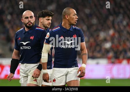 Vittoria dei giocatori del XV francese alla fine della partita tra il XV francese e la Scozia, allo Stade de France, il 14 marzo 2025. - 15/03/2025 - Francia / Senna-Saint-Denis / Saint-Denis - Julien Mattia / le Pictorium Foto Stock