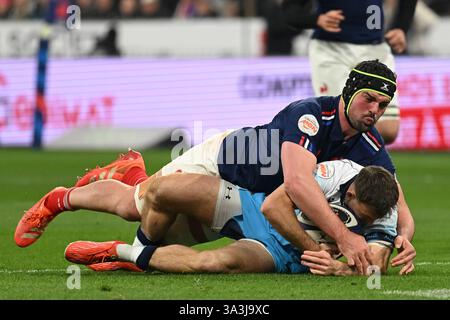 Vittoria dei giocatori del XV francese alla fine della partita tra il XV francese e la Scozia, allo Stade de France, il 14 marzo 2025. - 15/03/2025 - Francia / Senna-Saint-Denis / Saint-Denis - Julien Mattia / le Pictorium Foto Stock